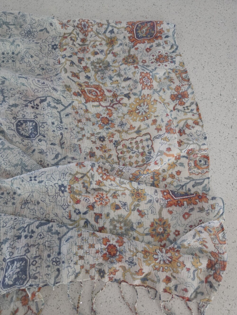 Chaps Woven Fringe Scarf - Cream with Blue & Orange Boho Vibe - Picture 10 of 10